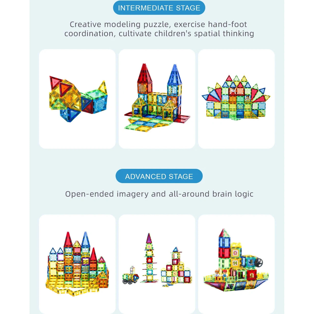 The Romboss Magnetic Educational Architecture Puzzle, a colorful building blocks toy for creative kids, comprises two stages: Intermediate with three complex structures and Advanced with intricate designs. These sets boost spatial thinking, hand-foot coordination, and STEM logic in children.