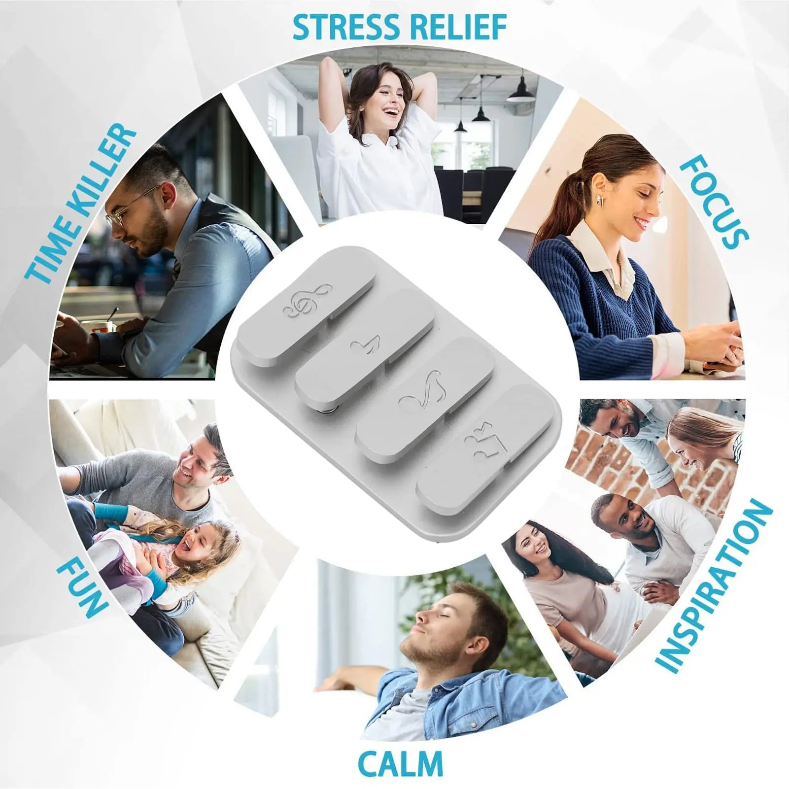 A circular collage shows kids (6-12y) enjoying stress relief, focus, and fun with the chemical-free Fidget Clicker Alloy Magnetic Fidget Slider (4/8 piano keys). Labeled activities encircle engraved white haptic sliders at the center.