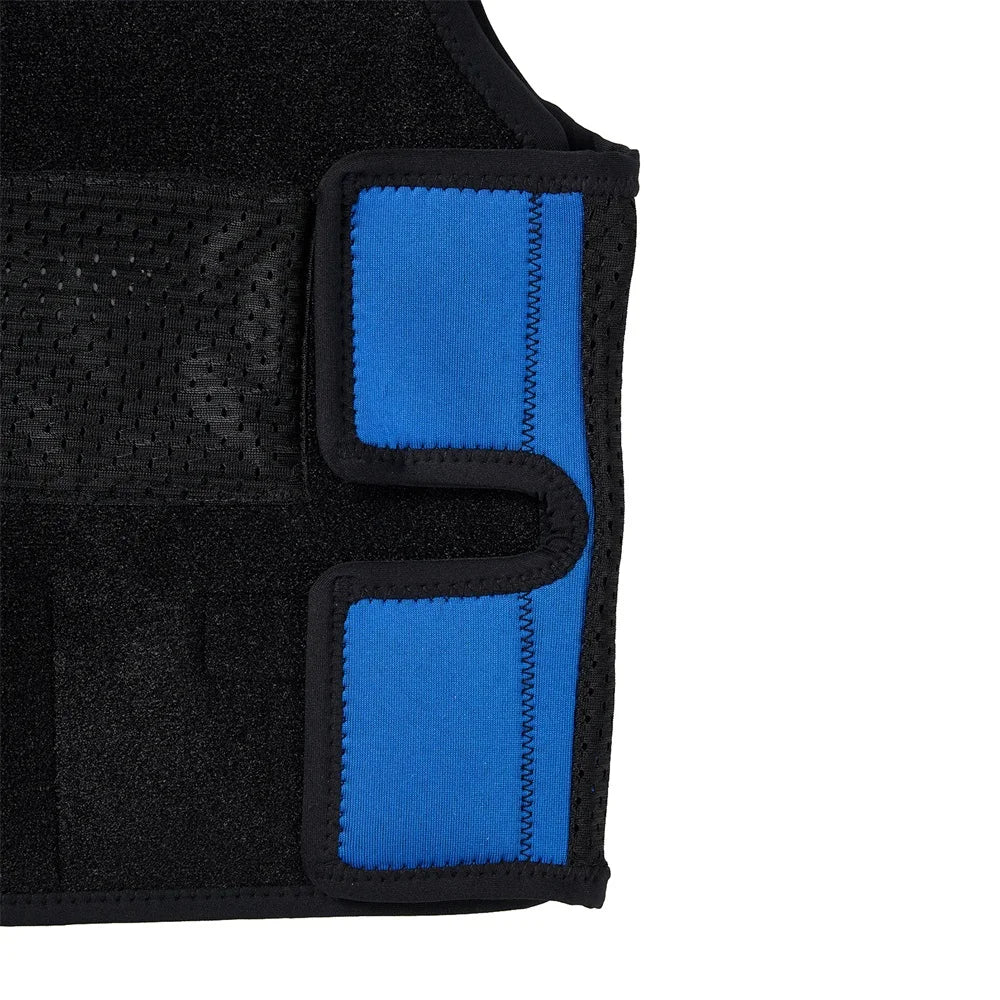 A close-up of the Breathable Adjustable Weight Vest for Kids shows a black and blue design with mesh paneling on the left, an adjustable hook-and-loop strap, and a bright blue accent on the right, highlighting texture and stitching crafted for comfort during stress relief workouts.