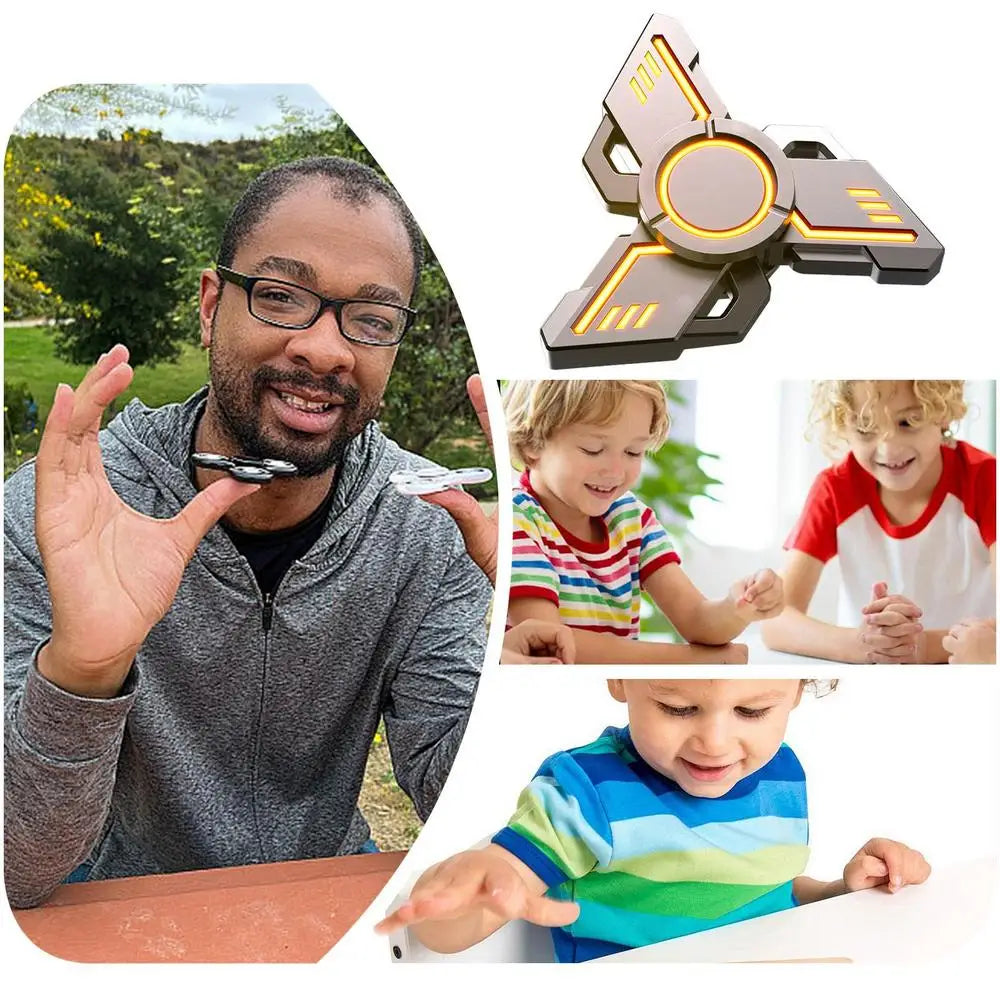 A man with glasses holds a Spinner Gyroscope Toy outdoors. Nearby, three images show children playing: two boys at a table and a younger child captivated by the Spinner Gyroscope Toy, a portable and funny fingertip toy perfect for enhancing focus during travel.