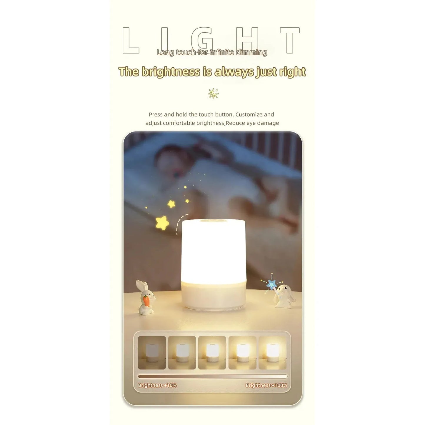 A promotional image for the Rechargeable Dimmable Touch LED Night Light shows the USB table lamp glowing softly at the center, surrounded by illustrations of stars and animals. Below, four icons display varying brightness levels from 0% to 100%. Perfect Christmas gift for kids.