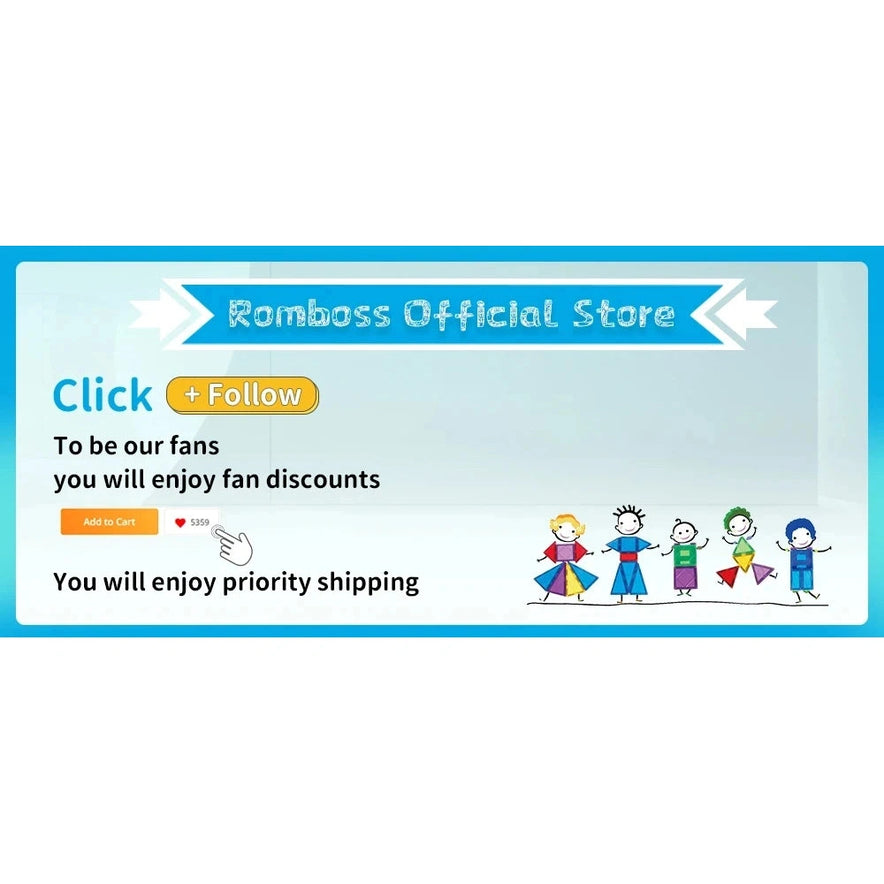 Banner for Romboss Official Store: Click Follow for fan discounts and priority shipping. Features vibrant cartoon people and promotes the Romboss Magnetic Educational Architecture Puzzle - Colorful Building Blocks Toy for Creative Kids, perfect for exciting STEM learning adventures.