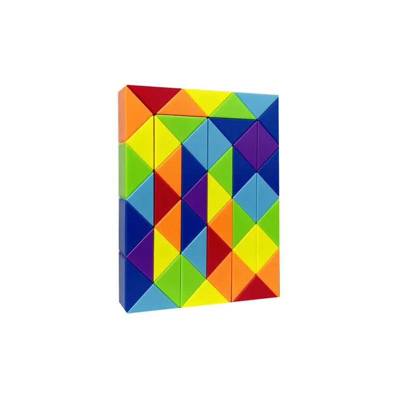 The Rainbow Transformable Fidget Snake Cube is an educational toy with interlocking colorful triangular tiles in red, blue, green, yellow, and orange. It forms a striking rectangular pattern and serves as an engaging brain teaser for kids with 24 or 48 segments.