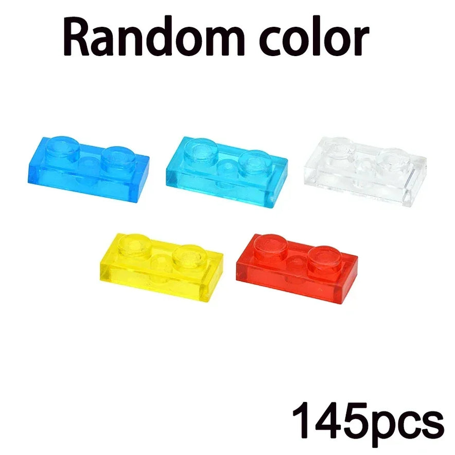 The MOC Transparent Bulk Brick Set includes 145 random color 1x2 clear building blocks—perfect for expanding your wall panel house parts or building block collection. Compatible with Lego.