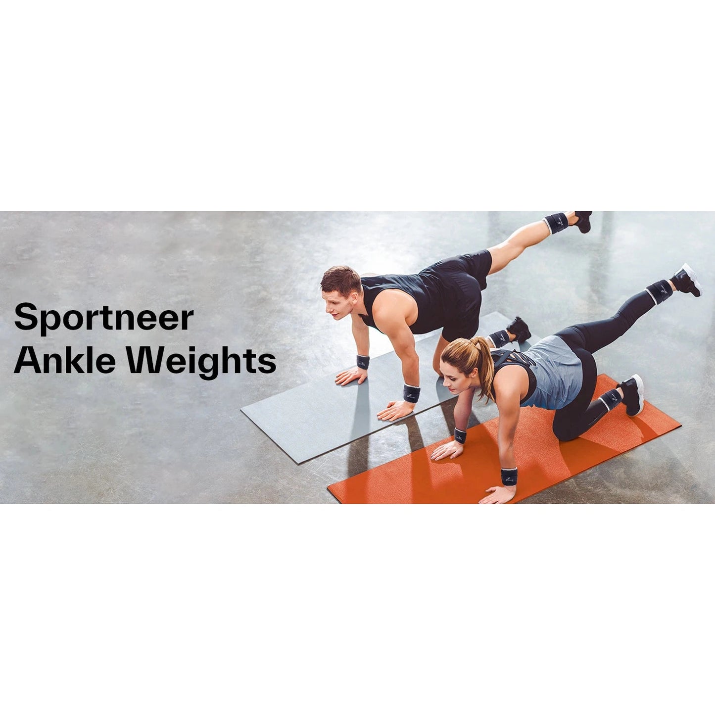 Two people exercise on mats in a tabletop position, extending one leg back with Sportneer Adjustable Ankle and Wrist Weights strapped on. The image showcases the 2 lbs pair & 1 lb each, emphasizing their role in strength training.