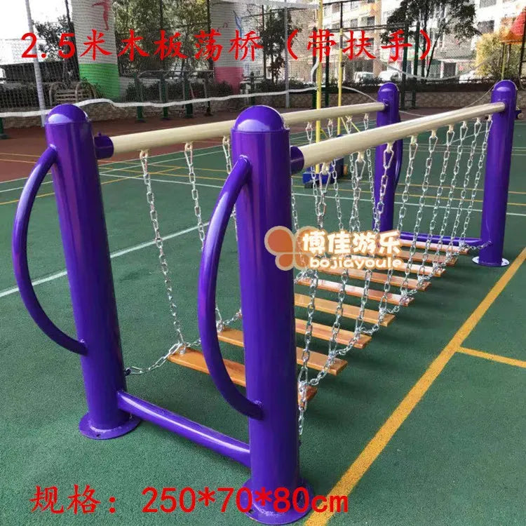 The unisex playground equipment features a sturdy 2.5-meter wooden beam in a vibrant wit color and a chain-linked net, resembling oversized childrens toys on the sports court with dimensions of 250x70x80 cm.