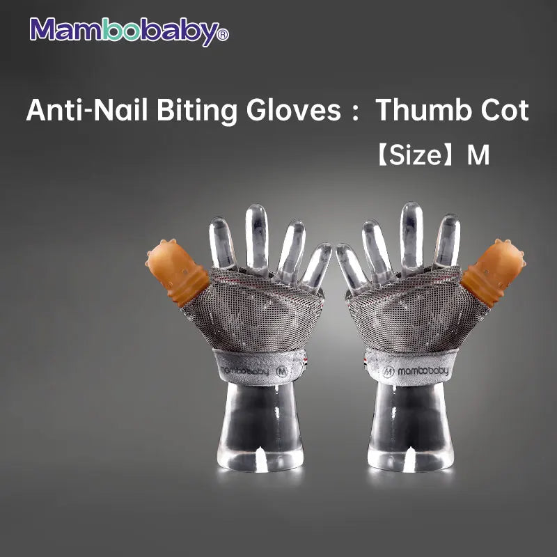 Mambobaby Anti-Nail Biting Gloves are displayed with a mesh design and silicone finger cots covering the thumbs. The gray background reads Anti-Nail Biting Gloves: Thumb Cot Size M at the top, ideal for stopping thumb-sucking habits in kids.