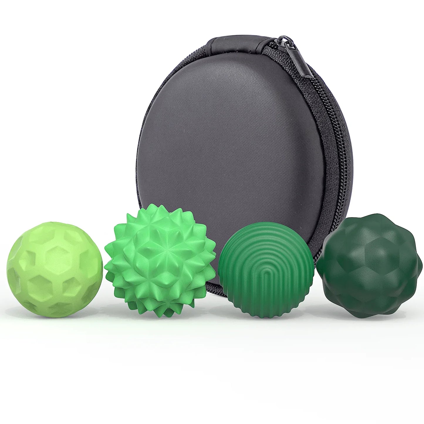 The 4Pcs Silicone Magnetic Balls Set for Adults, ideal for calming restless hands and anxious minds, includes textured green balls with unique patterns and a round black zippered case—perfect as a portable relaxation fidget toy anywhere.
