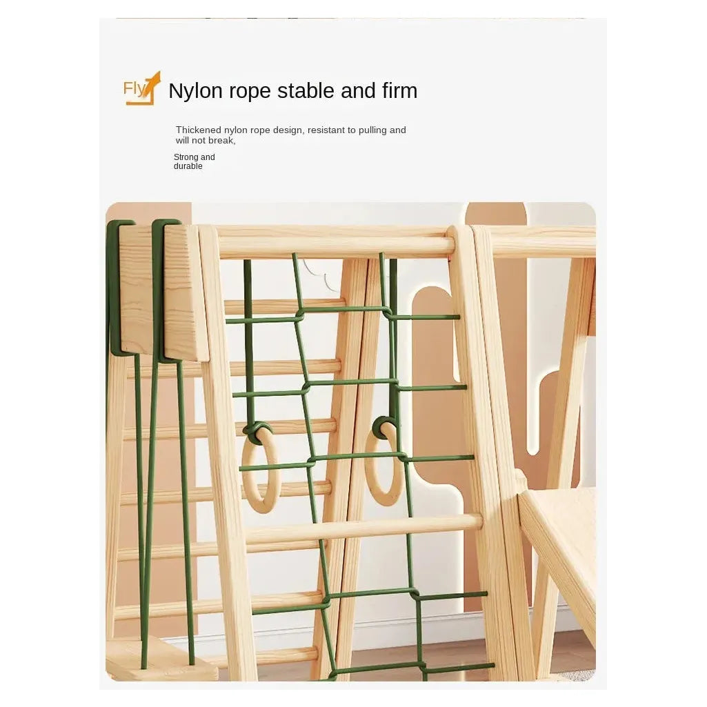 A close-up of the Indoor Wooden Climbing Frame for Kids, made from solid wood with green nylon ropes and gymnastic rings, reads Thickened nylon rope design: stable, firm, pull-resistant, strong and durable.