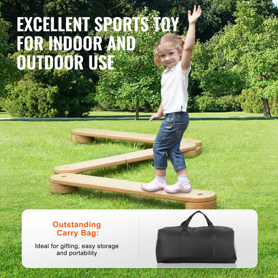 A young child balances on a Montessori-inspired Wooden Toddler Balance Beam Stepping Stones in the grass. The text reads EXCELLENT SPORTS TOY FOR INDOOR AND OUTDOOR USE. Below is a black carry bag for easy gifting and portability, ideal for kids ages 2-6.