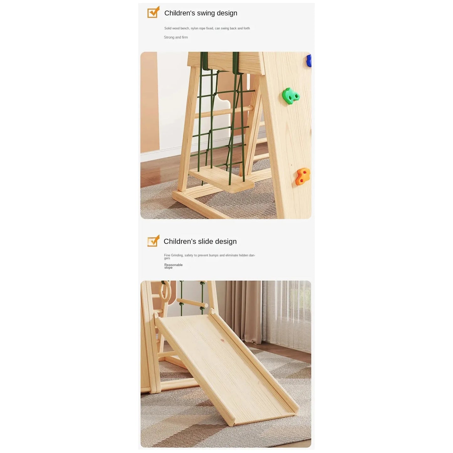The Indoor Wooden Climbing Frame for Kids includes a swing with a net-backed seat and a smooth, handhold-equipped slide. This sensory play set offers safe and fun indoor activities to boost physical development.