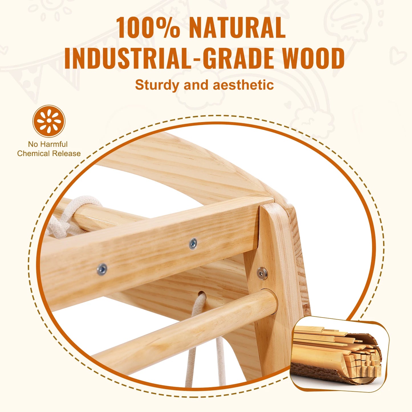 Close-up of SucceBuy Indoor Jungle Gym 7-in-1, crafted from 100% natural industrial-grade solid pine wood. Text highlights Sturdy & Aesthetic with an icon stating No Harmful Chemical Release. Insets show stacked wooden rods.