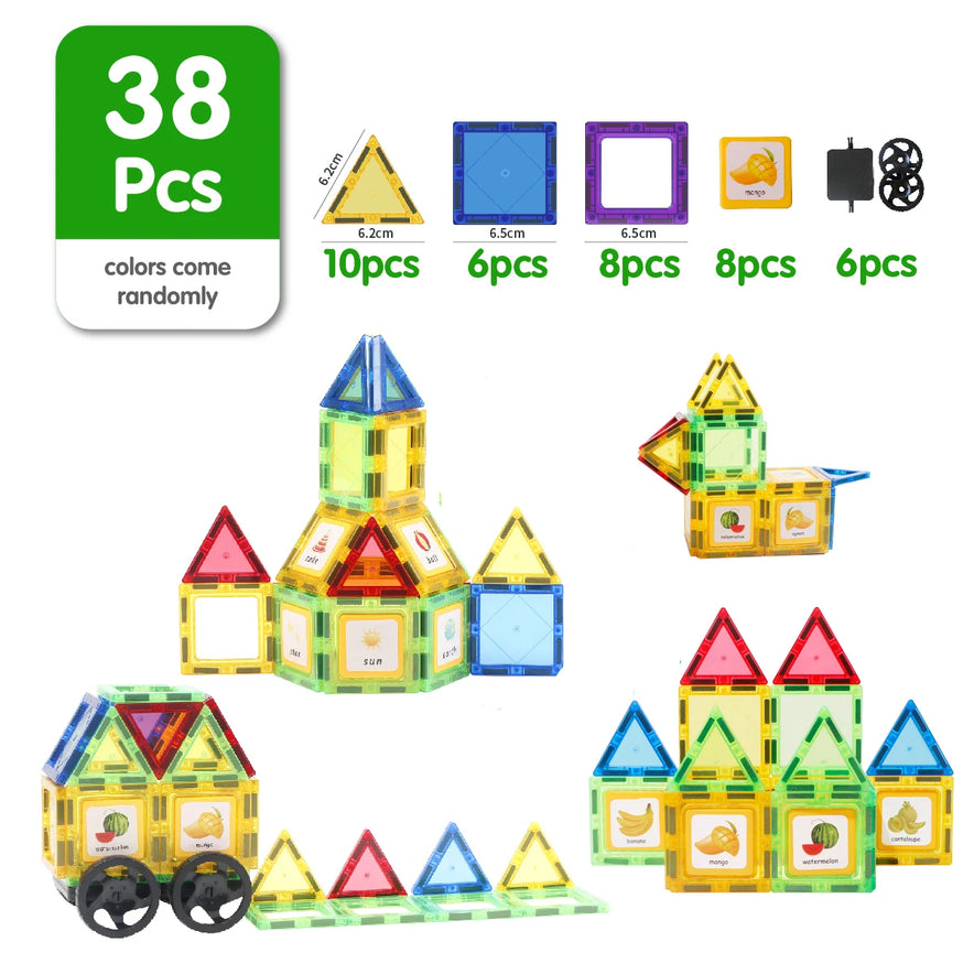 The Magplayer set includes 38 Montessori-inspired magnetic blocks in assorted shapes and colors, such as triangles, squares, and rectangles. Ideal for educational play, it forms structures like castles, cars, and ducks. The set also includes wheels and a black magnetic piece.
