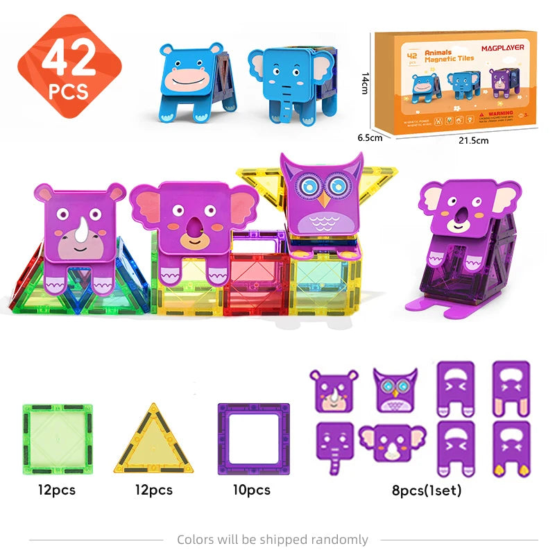 The Magplayer Magnetic Building Blocks Construction Set includes 42 Montessori-inspired colorful magnetic tiles that form animals like elephants, hippos, and koalas. Featuring triangles and squares for educational play, the packaging details dimensions for easy storage.