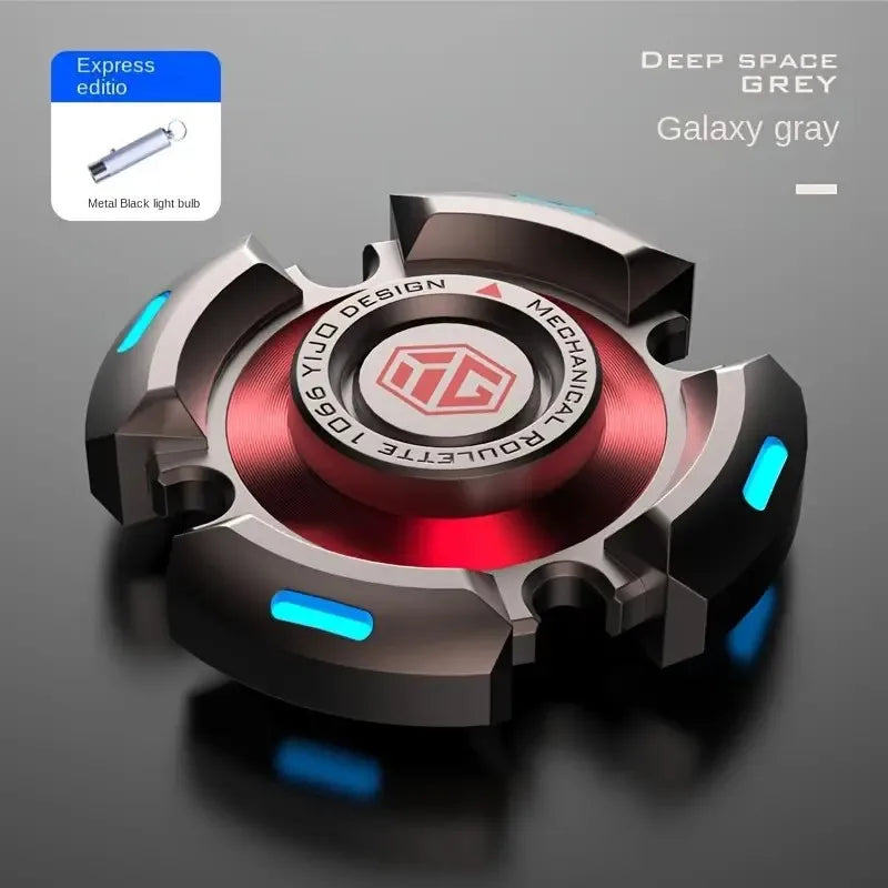 The Gray basic version Fidget Spinner for Adults and Kids is a metal EDC hand spinner featuring luminous light, stress relief for anxiety and ADHD, a metallic round design with glowing blue accents, and a red center.