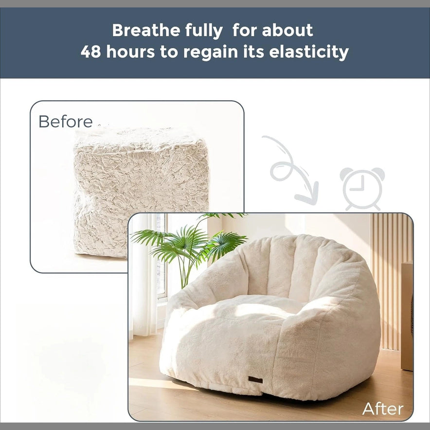 Comparison image of the Giant Bean Bag Chair, Oversized Faux Fur Shell-Shaped Couch for Adults and Kids—shown compressed before assembly and fully expanded after 48 hours in a bright room. US-quality design for comfort and style.