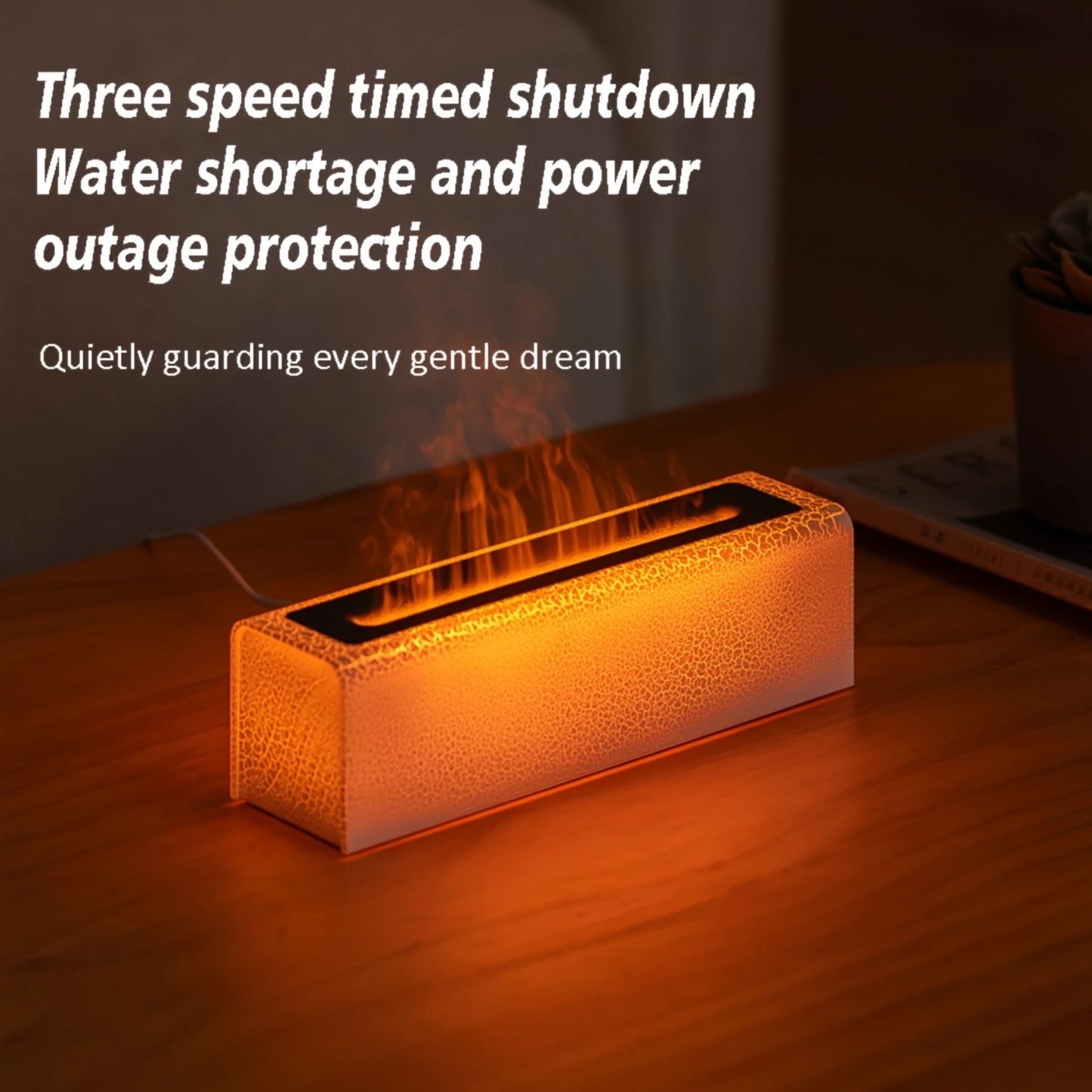 A rectangular orange humidifier emits a flame-like mist on a wooden surface, resembling the Lava Flame Cool Mist Humidifier with Color Changing Lamp. Text above reads: Three-speed timed shutdown. Water shortage and power outage protection. Quietly guarding every gentle dream.