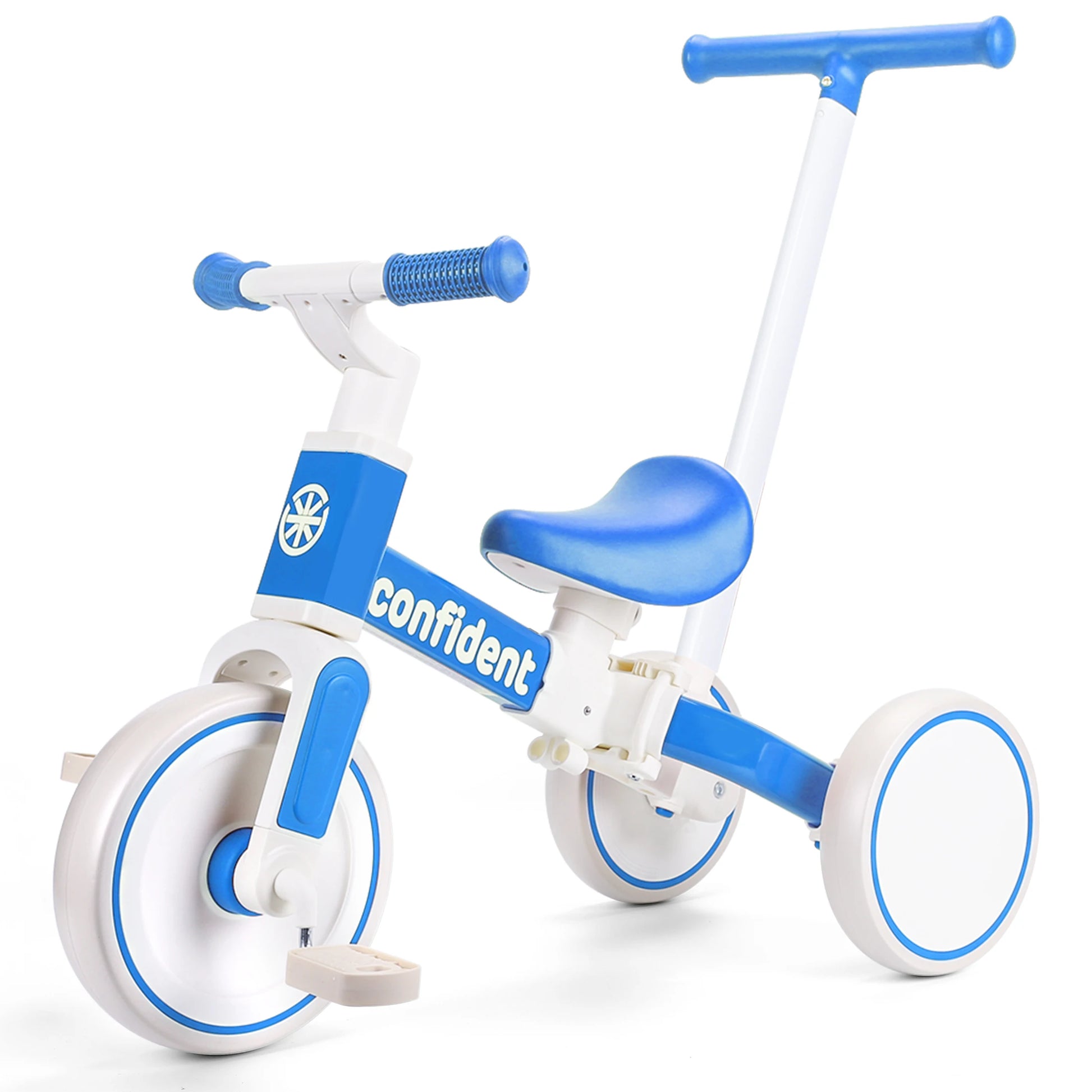 The Baby Balance Bike for Kids (1-3 Years), in blue, is a toddler trike with three wheels and a parent steering push handle—perfect as a Christmas or birthday gift for little ones learning to ride.