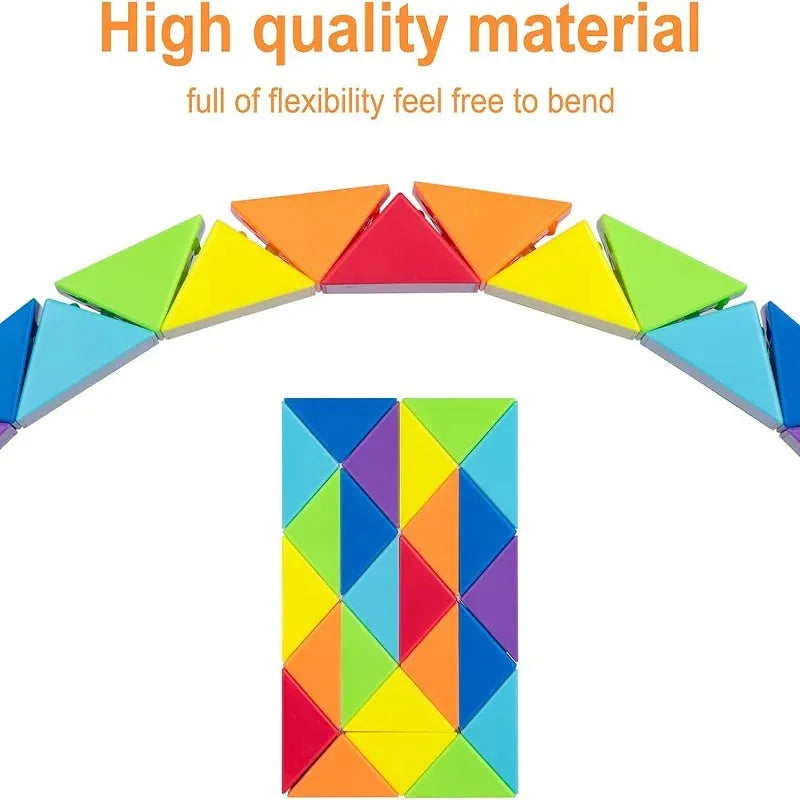 Colorful triangular blocks form an arch and a rectangle, resembling the Rainbow Transformable Fidget Snake Cube. High quality material, full of flexibility feel free to bend. This engaging brain teaser for kids comes in vibrant colors like green, blue, yellow, red, and orange.