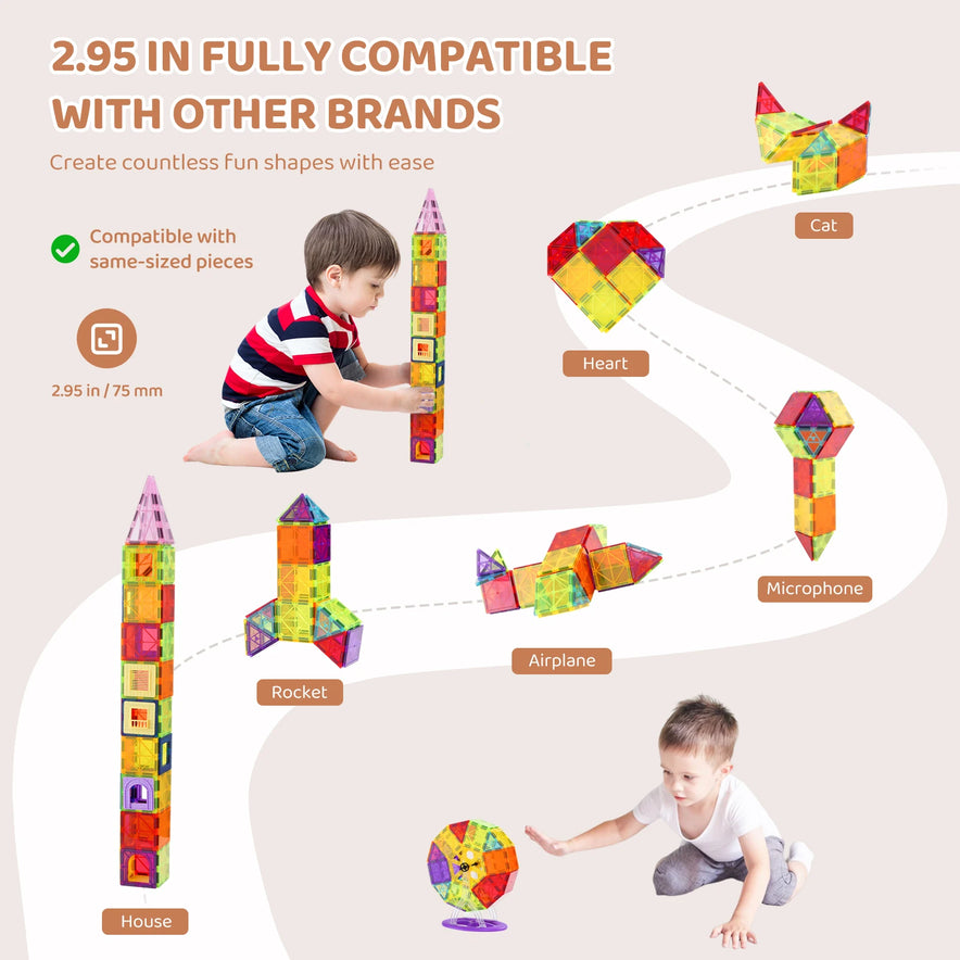 Children enjoy creating shapes like houses and rockets with the VEVOR 121PCS Magnetic Building Blocks Set. These 2.95-inch tiles are compatible with other brands, displaying endless creativity on a colorful path.
