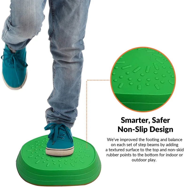 A person in jeans and turquoise sneakers steps onto a green textured balancing stone from the Kids 5-Piece Outdoor Balance Stepping Stones Set, showcasing its non-slip design with a textured top and rubber points, ideal for boosting balance on obstacle courses.