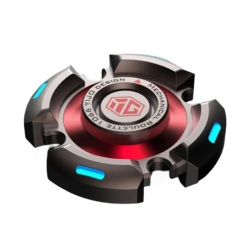 The Fidget Spinners for Adults and Kids Stress Relief Anxiety ADHD Toy features a metallic design with a luminous light and engraved text, highlighted by a red center, set against a gray gradient background.