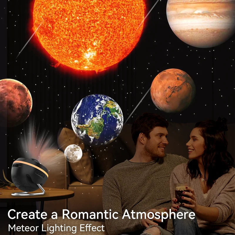 A couple smiles on a couch as planets and stars from the 12 IN 1 Galaxy Star Projector with Meteor Ultra Clear Night Light Lamp fill the room. Text: Create a Romantic Atmosphere. Meteor Lighting Effect.