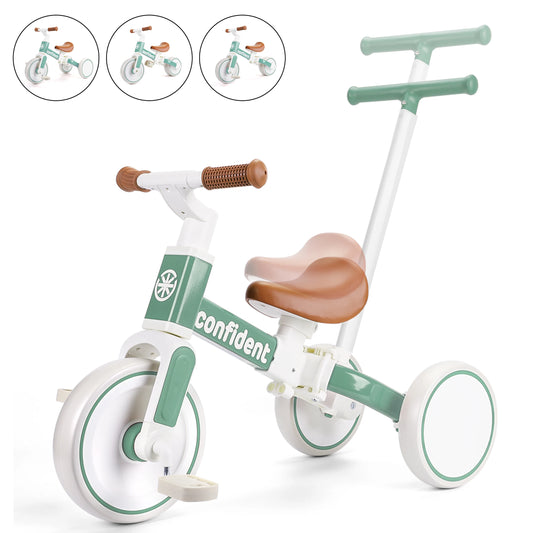 A green and white Baby Balance Bike for kids ages 1-3, with brown handlebars and seat, features a parent steering push handle. Three small images above show different angles of this toddler trike—an ideal birthday or Christmas gift.