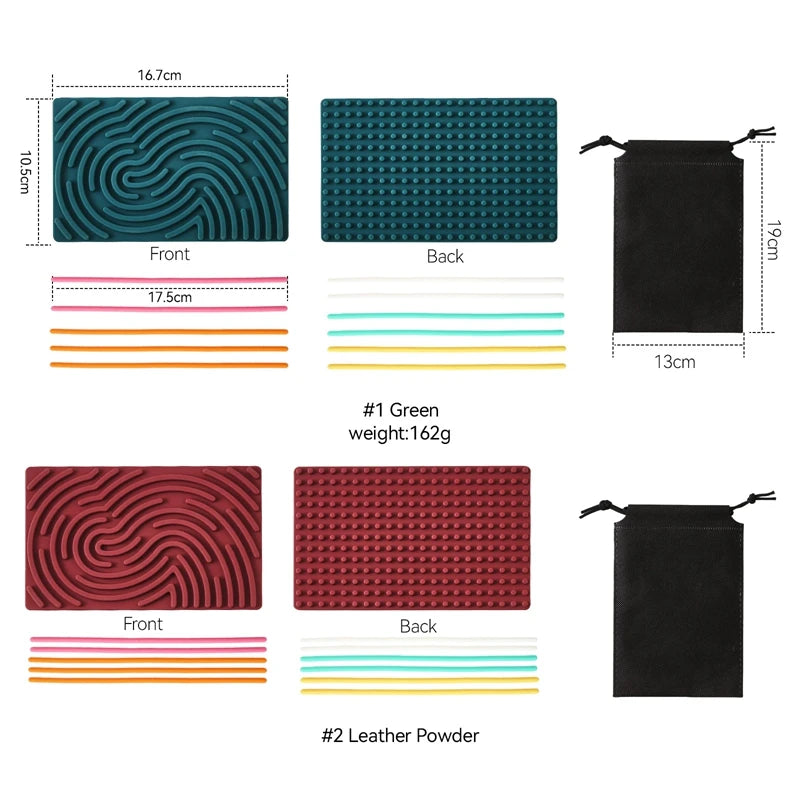 The Silicone Montessori Sensory Activity Board Fidget Toy for Kids Anxiety Relief and Mindfulness includes two textured mats (green, red), six colorful sticks, two black drawstring bags (19x13cm), and mats sized 17.6x11.5cm.