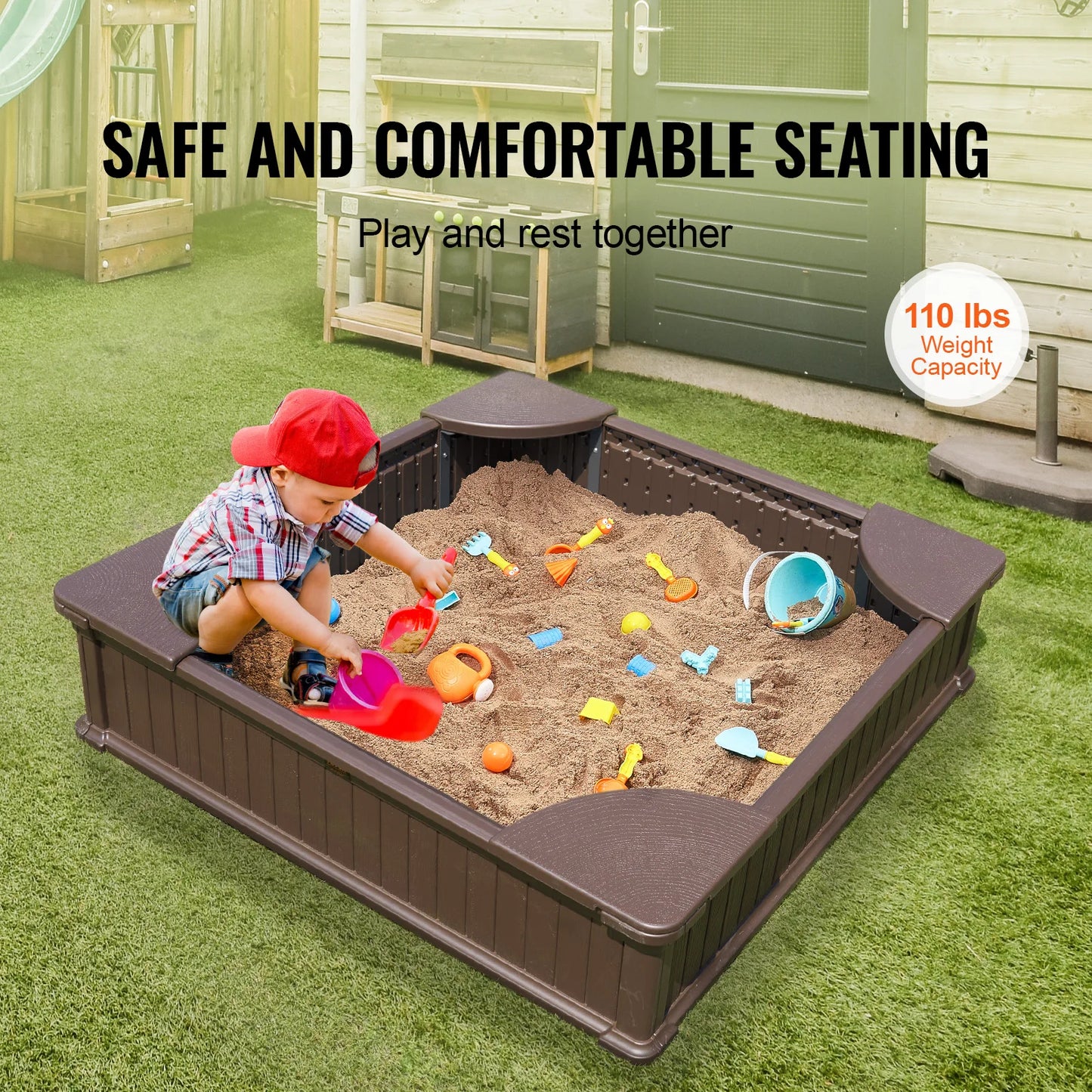 A young child plays with colorful sand toys in the SucceBuy Sandbox w/ Cover, featuring a square design, 4 corner seats, and bottom liner for kids’ outdoor fun. Safe seating for kids with 110 lbs weight capacity.
