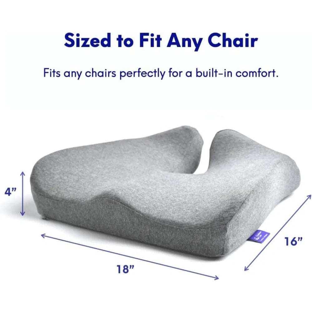 Gray ergonomic memory foam seat cushion, styled with U-shaped cutout and crafted from 100% cotton for comfort, measuring 18 x 16 x 4”. Labeled Sized to Fit Any Chair, its great for office, home, car, or wheelchair use.