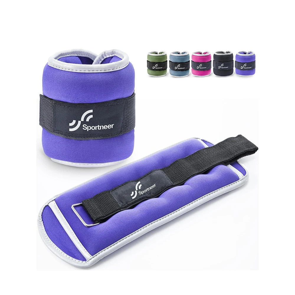 The Sportneer Adjustable Ankle and Wrist Weights Set includes 2 lbs pairs & 1 lb each, featuring purple weights with black adjustable straps and the Sportneer logo. Additional color options in small images above include blue, green, pink, black, and gray. Perfect for strength training.