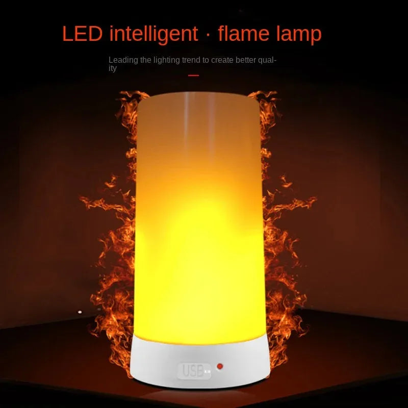 A cylindrical LED lamp emits a warm yellow light with a realistic flame simulation. The text reads Simulated Flame LED Night Light. Against a dark background, its glowing fiery appearance highlights its versatile usage.