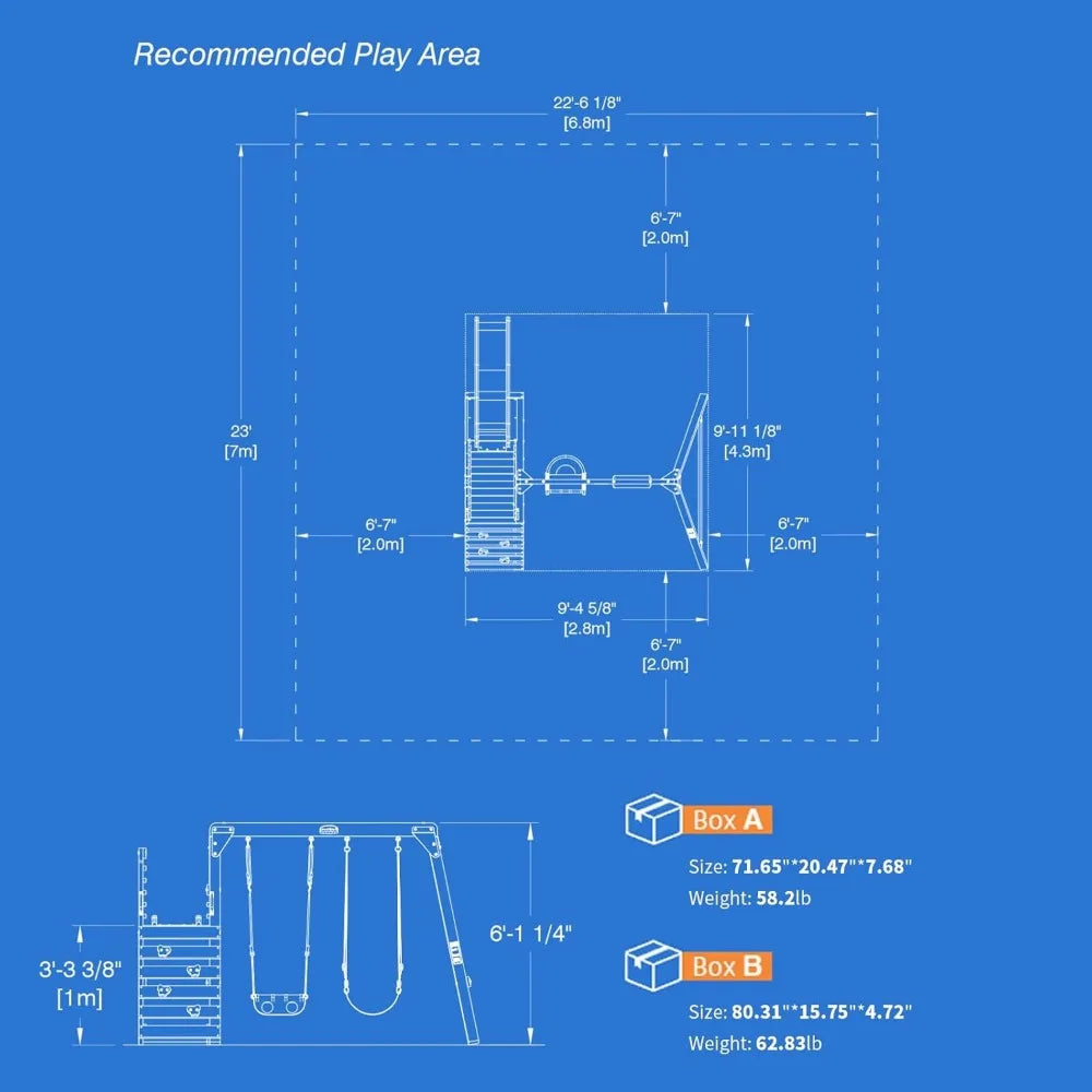 Blueprint-style diagram of the Playground Swing Sets for Backyard shows assembly measurements (7m x 7m play area) and box sizes/weights; features include 2 swings, a big wave slide, and climbing wall on a blue background.