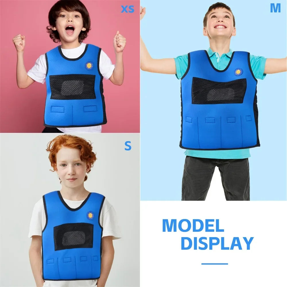 Three kids wear breathable adjustable weight vests with black mesh details, labeled by size: XS on pink, S on white, and M on the right. These vests provide emotional comfort and stress relief—ideal for any model display. Product: Breathable Adjustable Weight Vest for Kids.