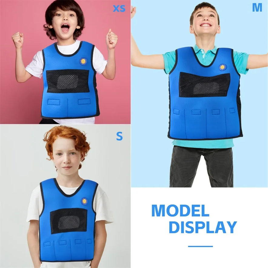 Three kids wear breathable adjustable weight vests with black mesh details, labeled by size: XS on pink, S on white, and M on the right. These vests provide emotional comfort and stress relief—ideal for any model display. Product: Breathable Adjustable Weight Vest for Kids.