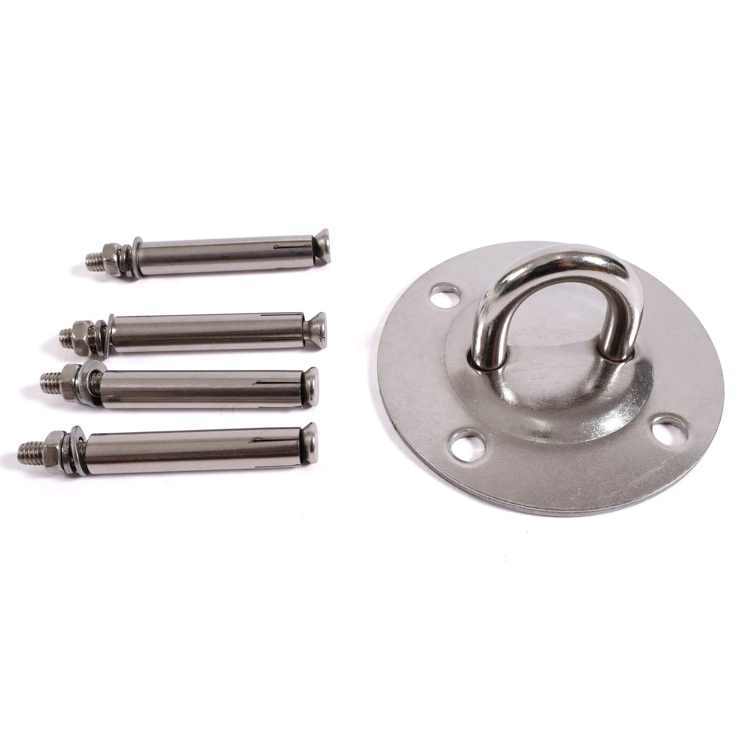 A round metal mount with a U-shaped hook and four heavy-duty bolts is ideal for installing the Extra-Large Sensory Swing Hammock (59 x 110) for kids and adults with special needs. Crafted to enhance sensory integration, its showcased on a plain white background.