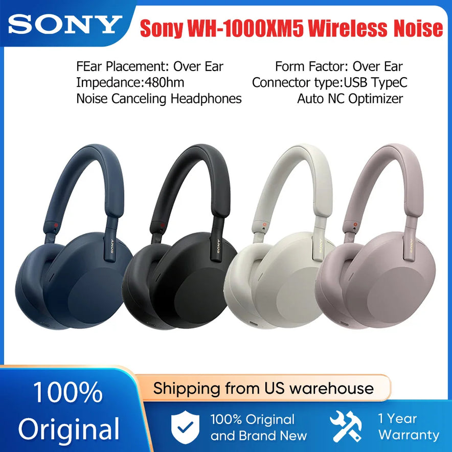 Four Sony WH-1000XM5 Wireless Noise Canceling Headphones in blue, black, silver, and pink are shown side by side, showcasing top noise cancellation, V1 processor, soft leather fit, 30-hour battery life, four mics, and US shipping.