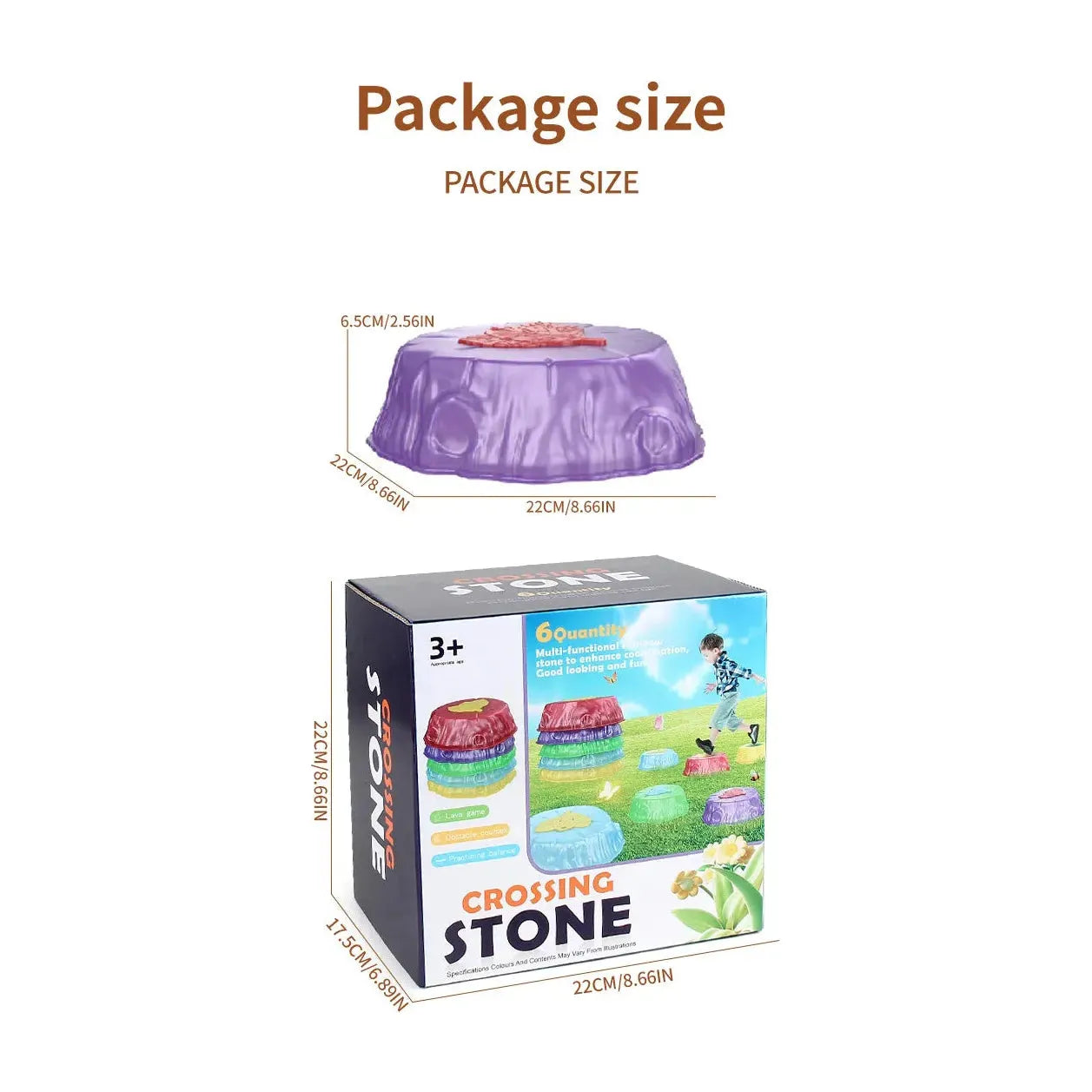 The packaging for Rainbow Luminous Balance Stones for Kids features a purple stone on top and a vibrant box showcasing children in outdoor tactile balance training. Labeled 3+ and 6 countable, it measures 22cm x 22cm x 17.5cm, inspiring play on Rainbow Bridge Stones.