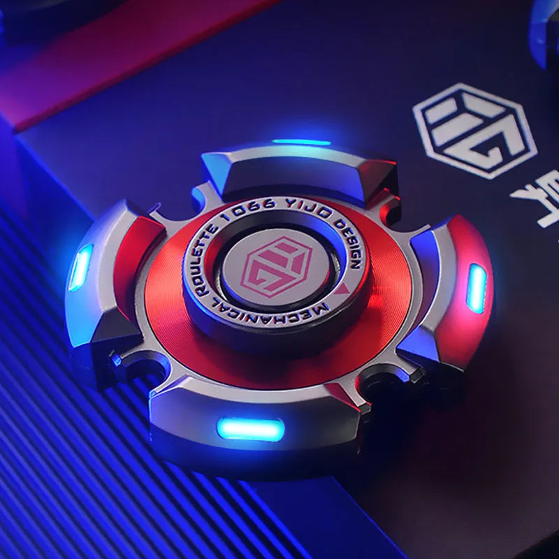 The Fidget Spinners for Adults and Kids Stress Relief Anxiety ADHD Toy Metal EDC Hand Spinner with Luminous Light glows in red, black, blue, and red LED colors on a dark surface—ideal for stress relief or help with anxiety and ADHD.