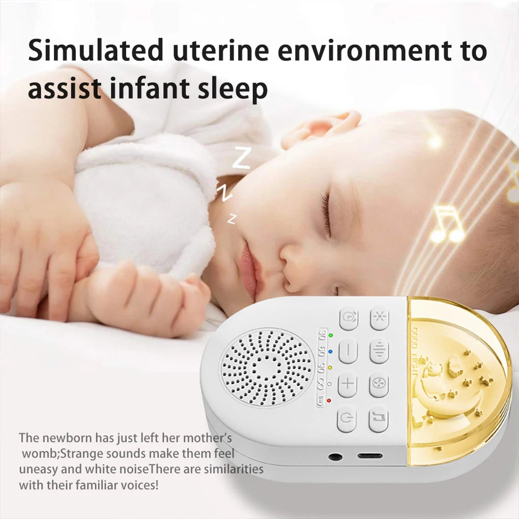 A sleeping baby rests peacefully under a white blanket beside a Travel-Friendly White Noise Machine with Soothing Sounds and Night Light, featuring white and gold design with music notes and Zs to promote its simulated uterine environment, aiding infant sleep.