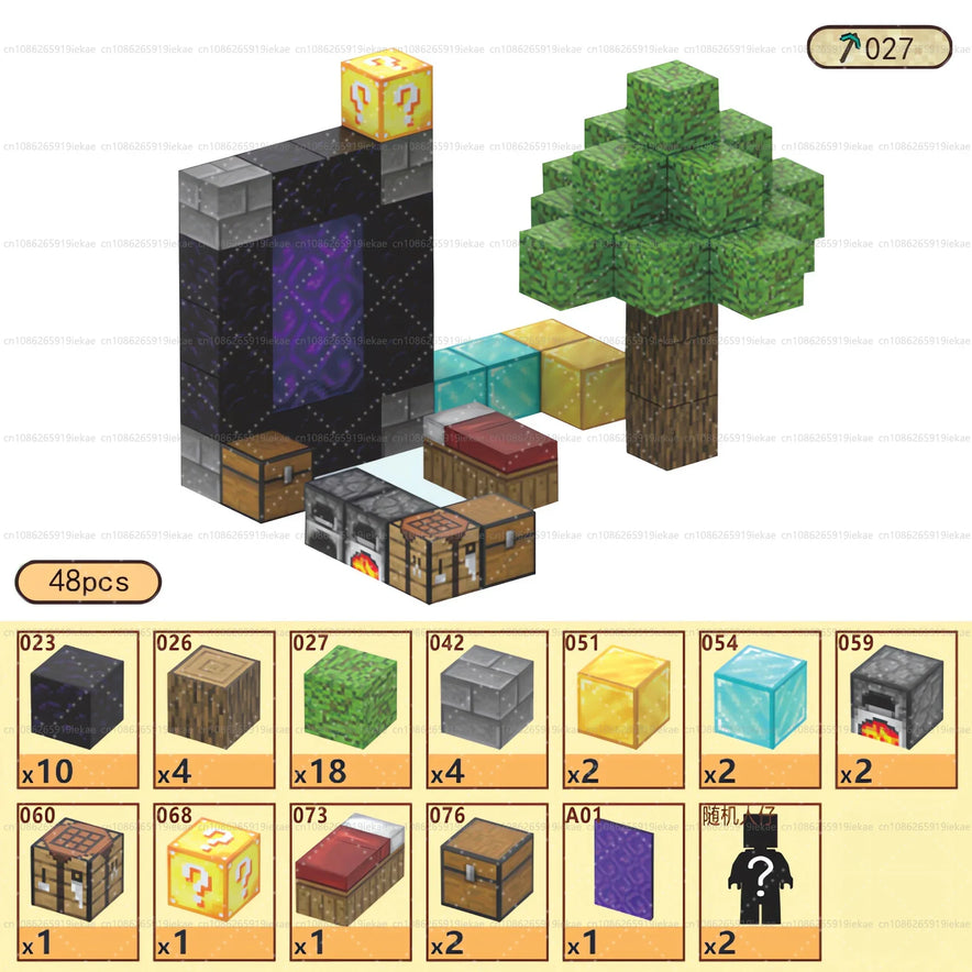 The Magnetic Building Blocks Mine World Magnet Cube Set (T027-48PCS) is a Minecraft-themed Montessori STEM toy for ages 3+, featuring 48 pieces including blocks for portals, trees, chests, crafting tables, furnaces, and lucky blocks. Piece details shown below the scene.