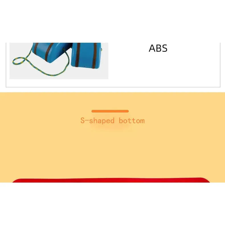 In the image, a section labeled ABS shows two blue plastic parts with a green handle. Below, orange text on beige reads S-shaped bottom, reminiscent of the Interactive Outdoor Balance Board Seesaw for Kids—ideal for sensory training or balance exercises.