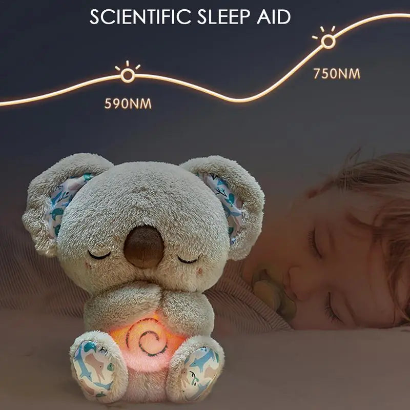 The Koala Night Light Plush Toy emits warm light at 590NM and 750NM while soothing melodies play. In the background, a child with a pacifier drifts to sleep. Text reads Scientific Sleep Aid, creating a comforting bedtime scene.