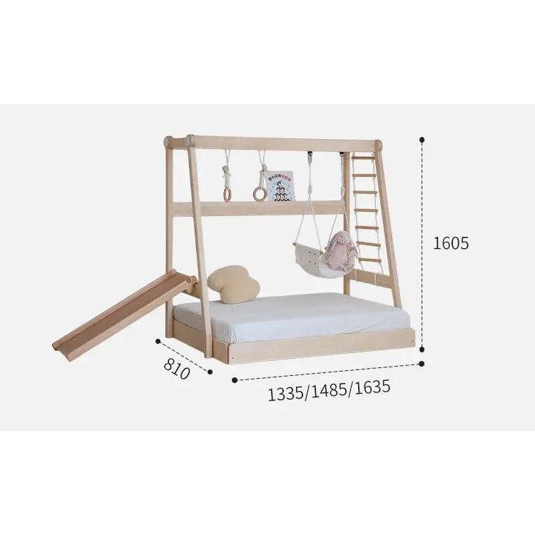 The Versatile Solid Wood Childrens Bed combines a playful design with practicality, featuring a climbing frame and swing. Its dimensions are perfect for toddlers, offering hours of fun with a ladder, slide (810mm), cushion, and hanging rings; heights of 1605mm and widths from 1335mm to 1635mm.