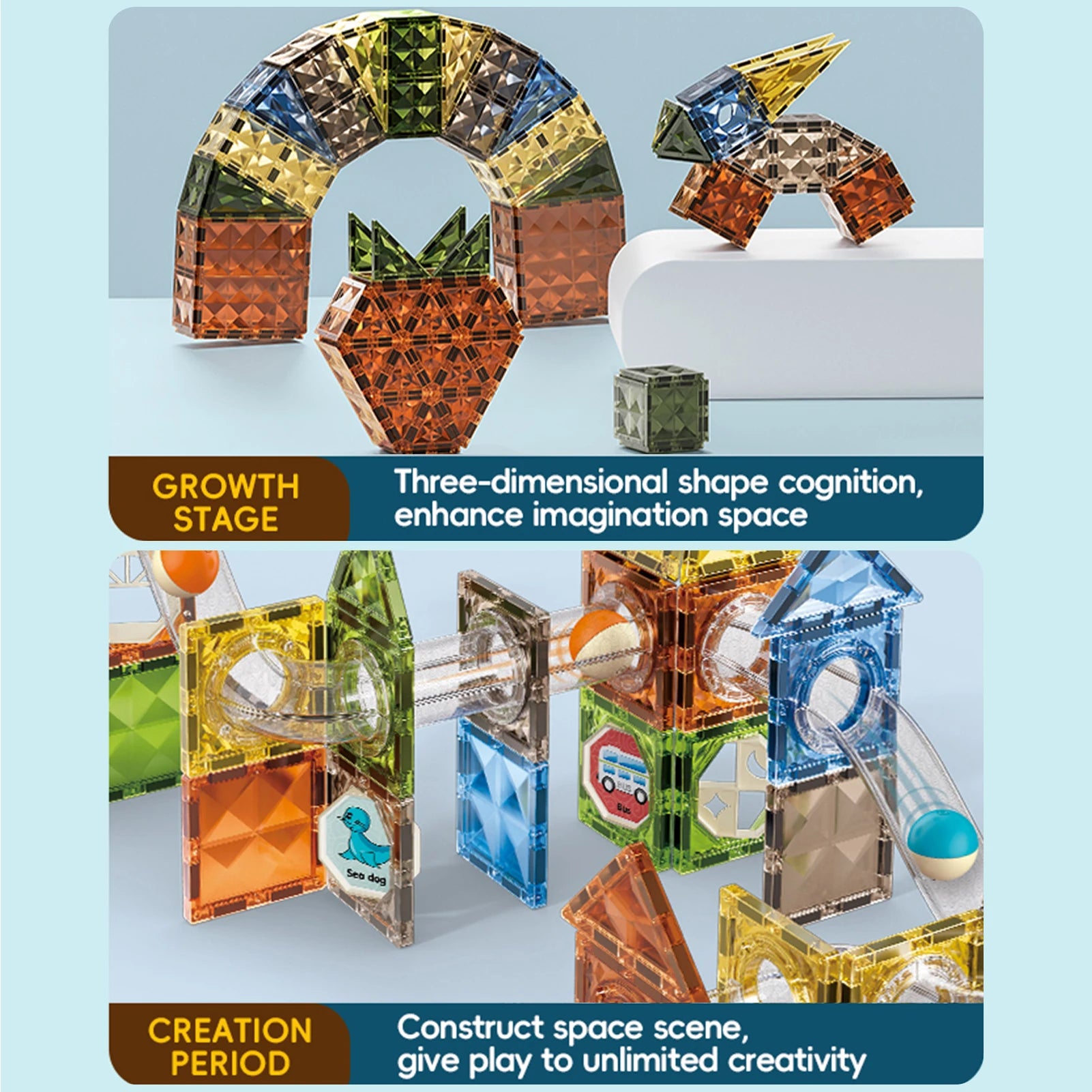 The top section displays colorful 3D geometric shapes like an arch and a rabbit for STEM learning, while the bottom features the Magnetic Marble Run Building Blocks Set with translucent tiles for creating various structures.