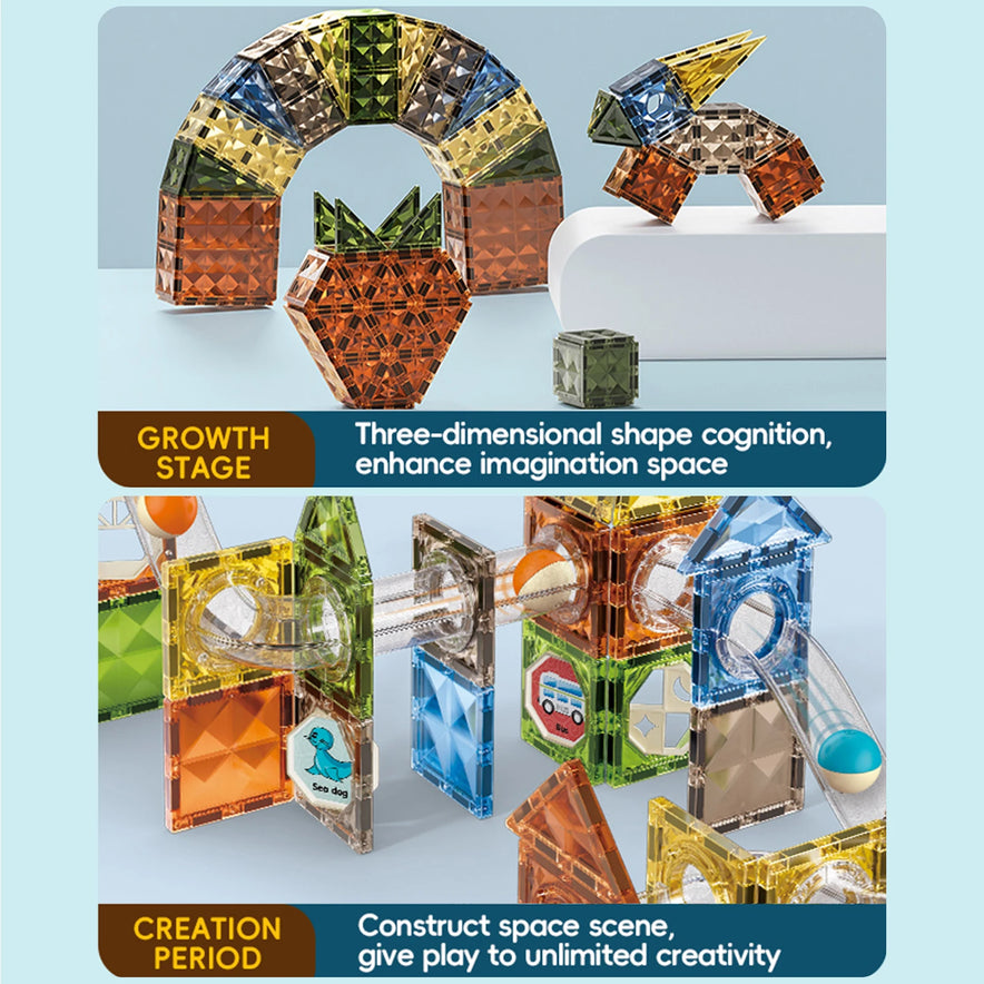 The top section displays colorful 3D geometric shapes like an arch and a rabbit for STEM learning, while the bottom features the Magnetic Marble Run Building Blocks Set with translucent tiles for creating various structures.