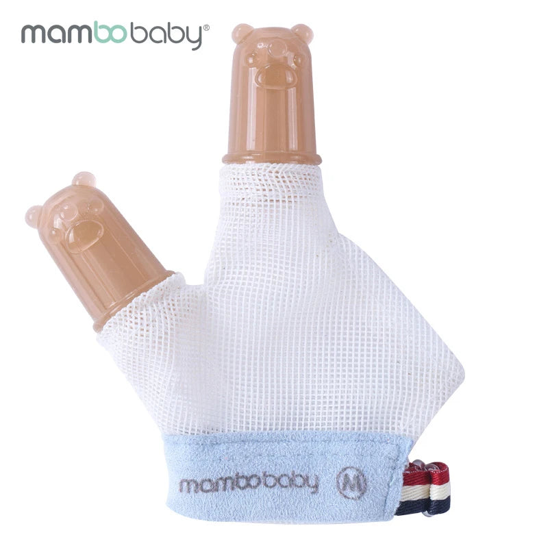 The Mambobaby Teething Mitten, an anti-nail biting glove with silicone extensions shaped like bear heads, helps stop thumb sucking. It features a blue cuff displaying the mambobaby logo and a loop adorned with red, white, and blue stripes.