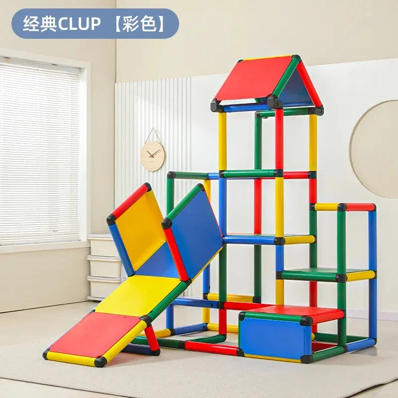 A vibrant Indoor Climbing Frame Set for Kids, featuring a slide and tunnel crafted from interlocking panels in red, blue, yellow, and green, serves as sensory play equipment in a bright room with white walls and large windows.