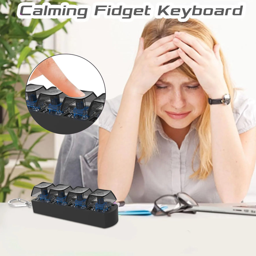 A stressed woman sits at her desk, head in hands. Inset: a finger presses the 4Keys Finger Button Anti Stress Toys Mechanical Keyboard Keycaps for office decompression. Text: Calming Fidget Keyboard—perfect gift for kids and adults. Laptop and glasses on desk.